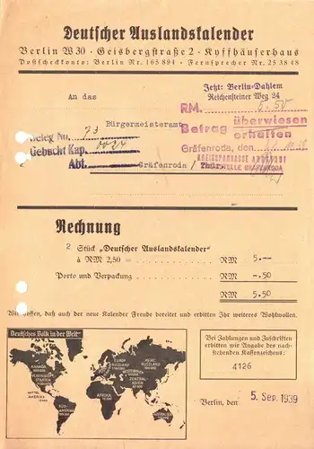 Rechnung, Fa. Deutscher Auslandskalender, Berlin W 30, 5.9.1939