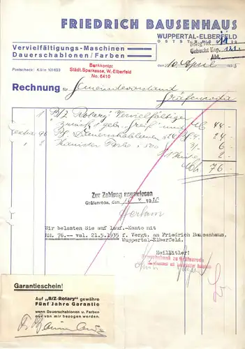 Rechnung, Fa. Friedrich Brausenhaus, Wuppertal-Elberfeld, Oststr. 29, 10.4.35