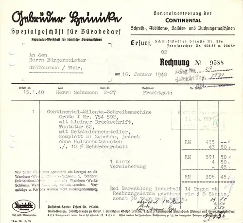 Rechnung, Fa. Gebrüder Reinicke, Bürobedarf, Erfurt, 16.1.1940