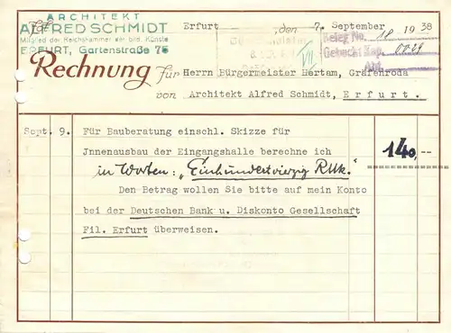 Rechnung, Architekt Alfred Schmidt, Erfurt, 07.09.1938