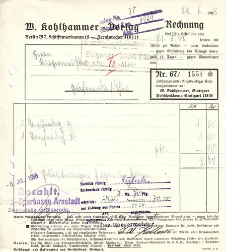 Rechnung, W. Kohlhammer - Verlag, Berlin W 7, Schiffbauerdamm 19, 21.06.1938