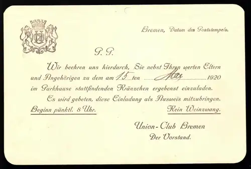 Union-Club Bremen, Einladung zum Kränzchen, 15.Mai 1920