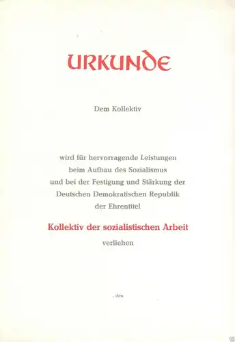 Urkunde, Kollektiv der Sozialistischen Arbeit, A4, blanko, 1986