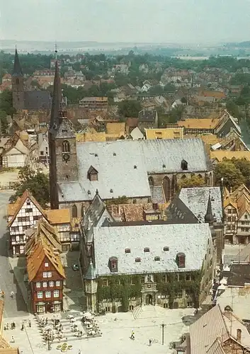 AK, Quedlinburg, Markt mit Kirche, Wintermotv, Luftbild, 1989