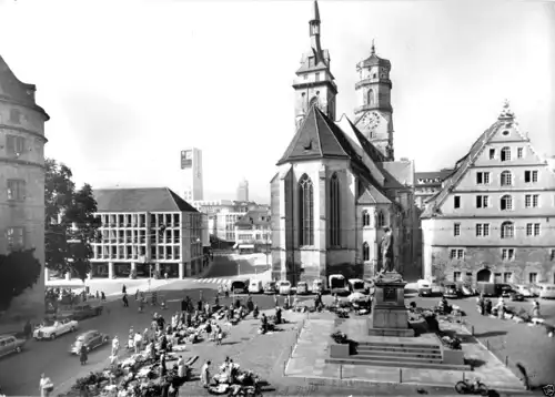Ansichtskarte, Stuttgart, Schillerplatz mit Stiftskirche, 1970