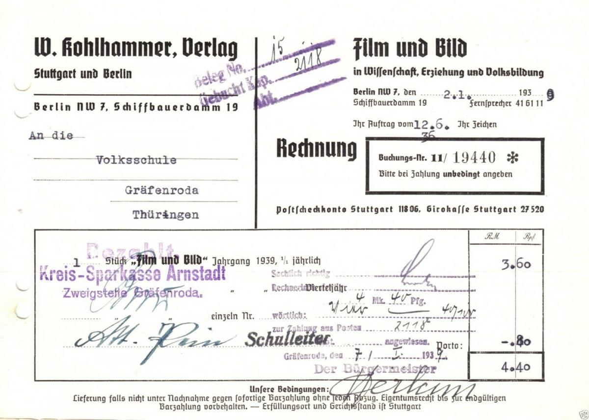 Rechnung, Verlag W. Kohlhammer, Film und Bild, Berlin NW 7 ...