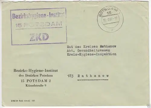 ZKD-Brief, Bezirkshygiene-Institut, 15 Potsdam, o Potsdam 1, 15, 10.2.67