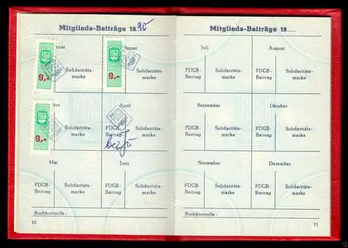 FDGB-Ausweis mit Beitragsmarken, 1990, Außenhandel