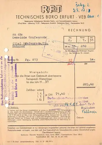 Rechnung, RFT VEB Technisches Büro Erfurt, (15a) Erfurt, Löberring 11/12, 2.1.51