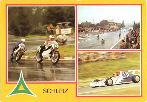 AK, Schleiz, Schleizer Dreieck, drei Abb., Streckenpassagen, 1984