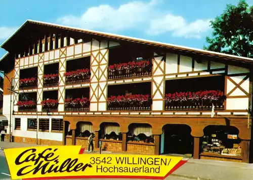 AK, Willingen Hochsauerland, Café Müller, Straßenansicht, um 1985