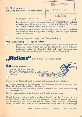 Werbezettel, Neuheiten - Seiffert, Pößneck Thür., 1954, u.a. für Füllhalter