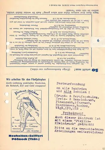 Werbezettel, Neuheiten - Seiffert, Pößneck Thür., 1954, u.a. für Füllhalter