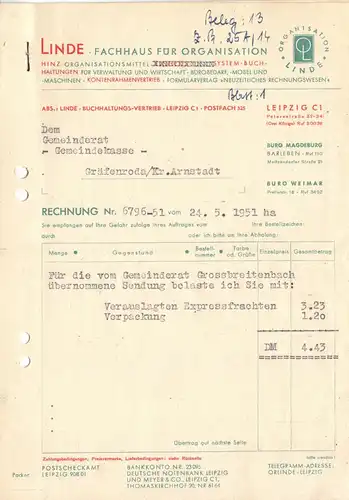Zwei Rechnungen, Linde, Fachhaus für Organisation, Leipzig C 1, 24.5.1951