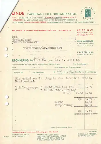 Zwei Rechnungen, Linde, Fachhaus für Organisation, Leipzig C 1, 24.5.1951