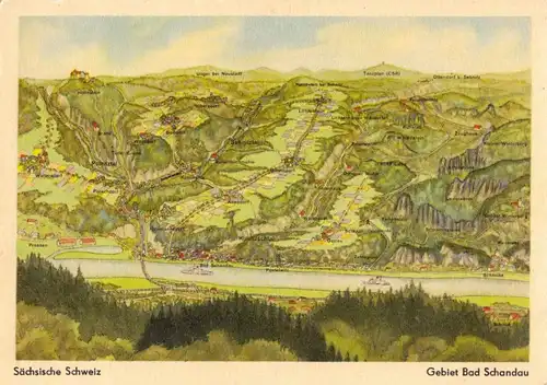 AK, Landschaftsrelief, Sächsische Schweiz, Gebiet Bad Schandau, Farbdr., um 1956
