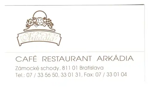 Visitenkarte, Café - Restaurant - Arkadia, Bratislava, Slovakei, um 2010