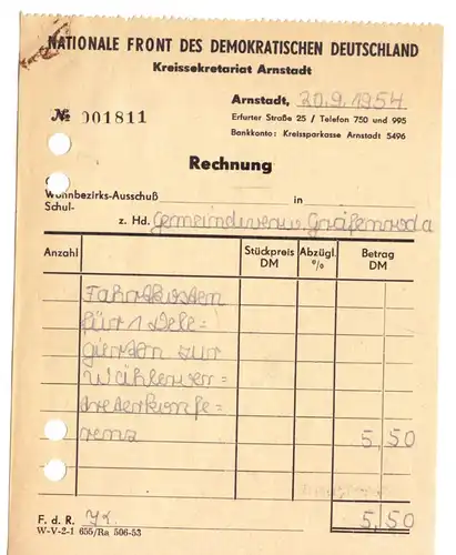 Rechnung, Nationale Front des Demokratischen Deutschalnds Arnstadt, 20.9.1954