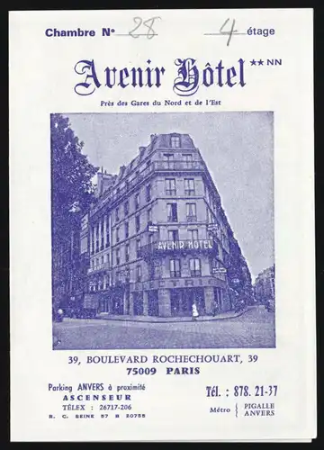 Hotel-Karte, Paris, Avenier Hotel, 39 Boulevard Rochechouart, um 1980