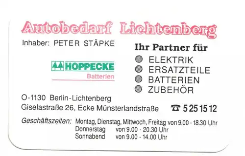 Kalender Scheckkartenformat, 1993, Werbung: Autobedarf Berlin - Lichtenberg