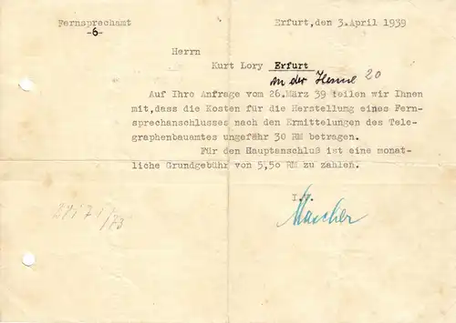 Anschreiben, Fernsprechamt -6-, Erfurt, Herstellung Telefonanschluß, 3.4.1939