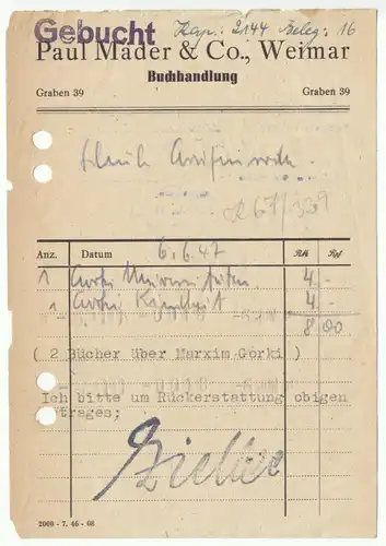 Rechnung, Buchhandlung Paul Mader & Co., Weimar, 6.6.47
