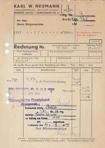 Rechnung, Karl W. Neumann, Formularverlag, Freiberg Sa., 28.2.44