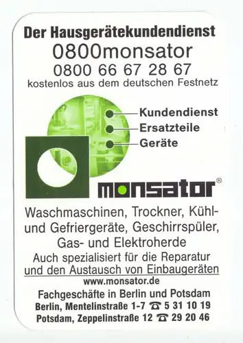 Kalender Scheckkartenformat, 2006, Werbung: Haushaltsgerätekundendienst monsator