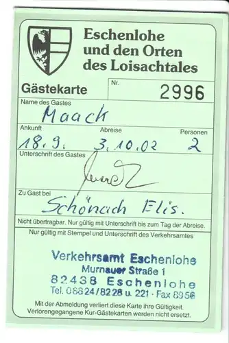 Gästekarte, Eschenlohe und den Orten des Loisachtales, 2002