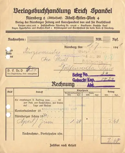 Rechnung, Erich Spandel, Verlagsbuchhandlung, Nürnberg, 1.7.41