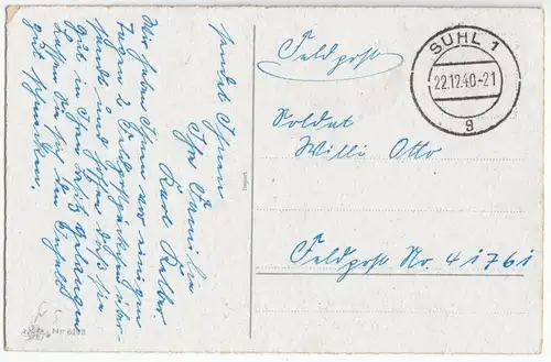 Feldpostbeleg, II. WK, Suhl 1, 22.12.40