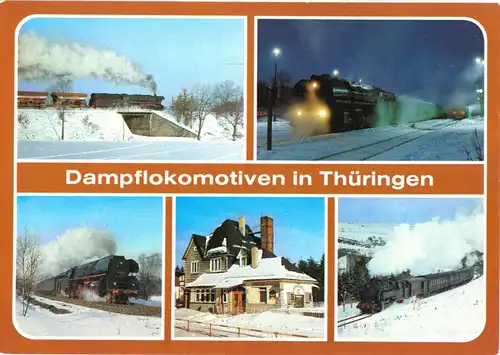 AK, Dampflokomotiven im winterlichen Thüringen, fünf Abb., 1985