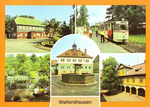 AK, Waltershausen Thür. Wald, fünf Abb., u.a. Straßenbahn, 1988