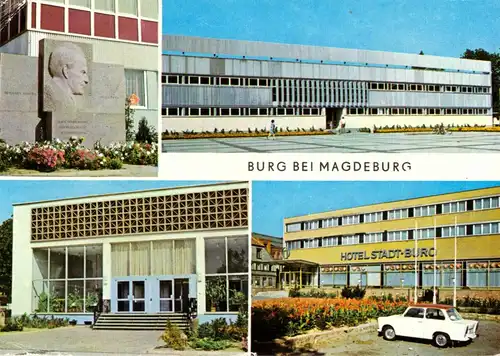 AK, Burg bei Magdeburg, vier Abb. u.a. Sporthalle, 1977