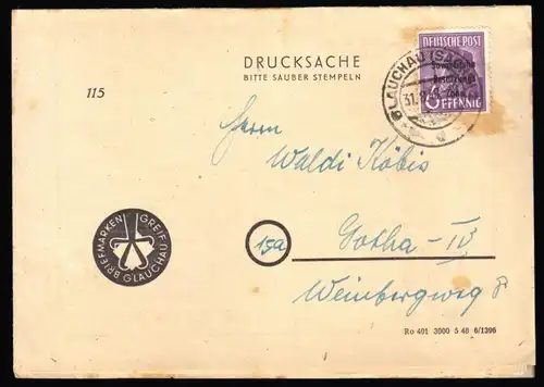 Werbedrucksache der Fa. Briefmarken-Greif, Glauchau vom 31.8.48