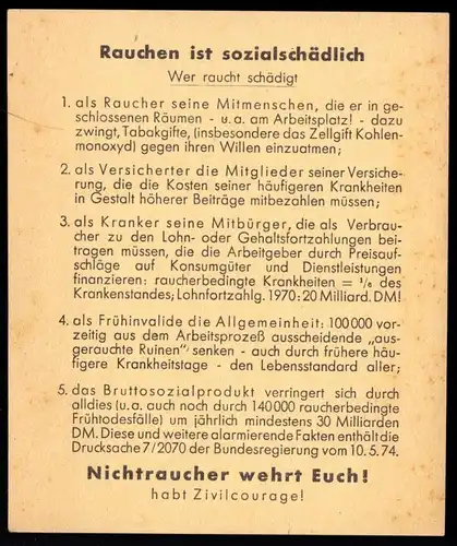 Werbekarte gegen das Rauchen, unfreundliche Tonlage, um 1970