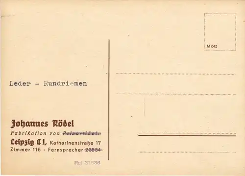 Werbekarte der Fa. Johannes Rödel, Leipzig C 1, blanko, um 1946