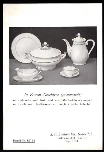 Werbeblatt, Firma J. F. Zumwinkel, Gütersloh für Ia Feston - Geschirr, um 1955