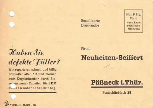 Werbezettel, Fa. Neuheiten - Seiffert, Füllhalter und Kugelschreiber, 1954