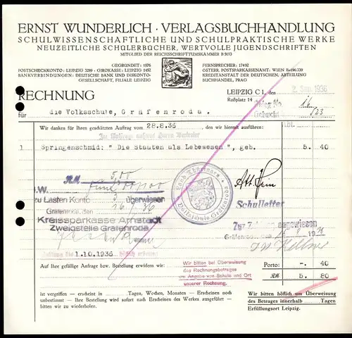 Rechnung, Ernst Wunderlich, Verlagsbuchhandlung, Leipzig C 1, 2.9.36