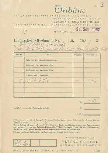 Rechnung, Tribüne, Verlag und Druckereien des FDGB GmbH, Berlin, 20.09.52