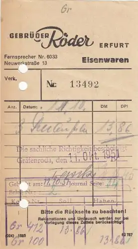 Rechnung, Fa. Gebrüder Röder, Erfurt, 11.10.51