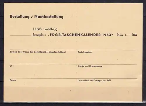 Bestellkarte, Verlag Tribüne Berlin, für FDGB-Taschenkalender 1953, blanko