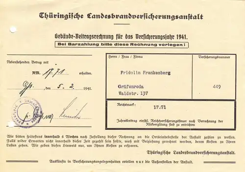 Rechnung, Thüringische Landesbrandversicherungsanstalt, Gotha, 5.2.1941