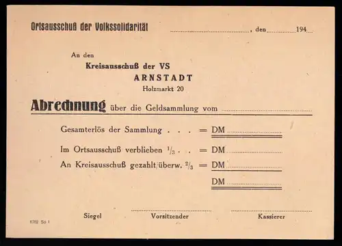 Volkssolidarität d. Kreises Arnstadt, Abrechnungsbeleg für Geldsammlung, blanko