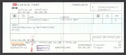 Fahrkarte, Deutsche Bundesbahn, Treuchlingen - Erfurt, 2000