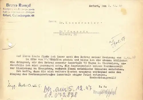 Mahnung der Fa. Rumpf, Erfurt über unbezahlte Rechnung, 2.12.1947