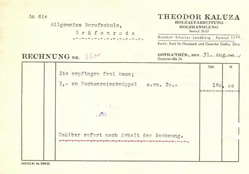 Rechnung, Fa. Theodor Kaluza, Holzhandlung, Gotha, 31.8.1955