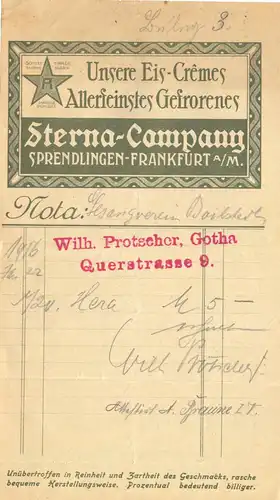 ill. Rechnung, Fa. Sterna-Company, Eiskrem, Spredlingen-Frankfurt a.M., 1916