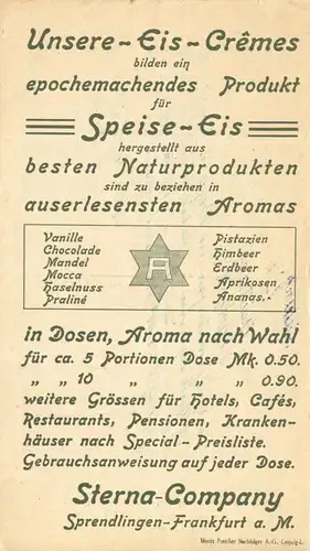 ill. Rechnung, Fa. Sterna-Company, Eiskrem, Spredlingen-Frankfurt a.M., 1916